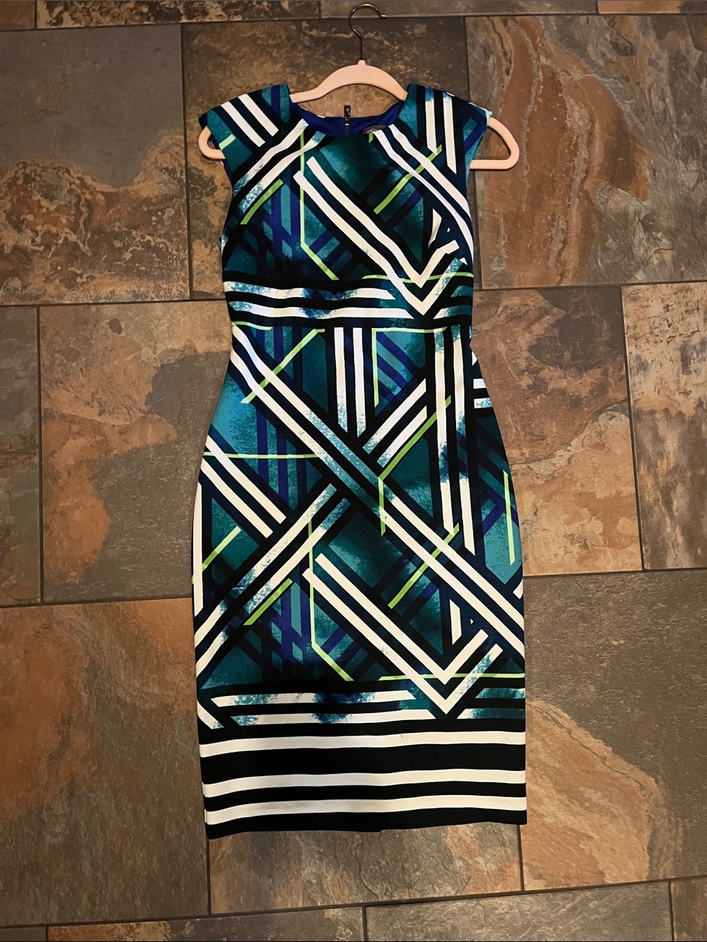 Vince Camuto Geometric Midi Dress in Teal, Navy & White